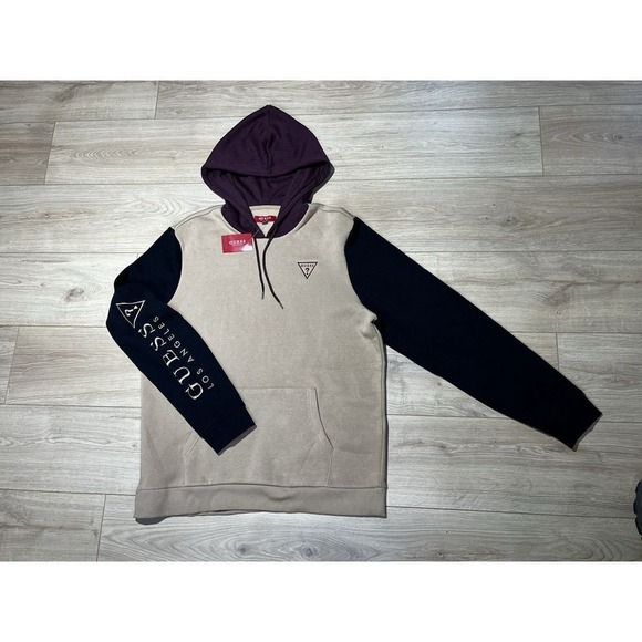 Guess Los‎ Angeles Color Block Hoodie XL Pullover Sweatshirt Logo Casual Y2K NWT - Picture 1 of 16